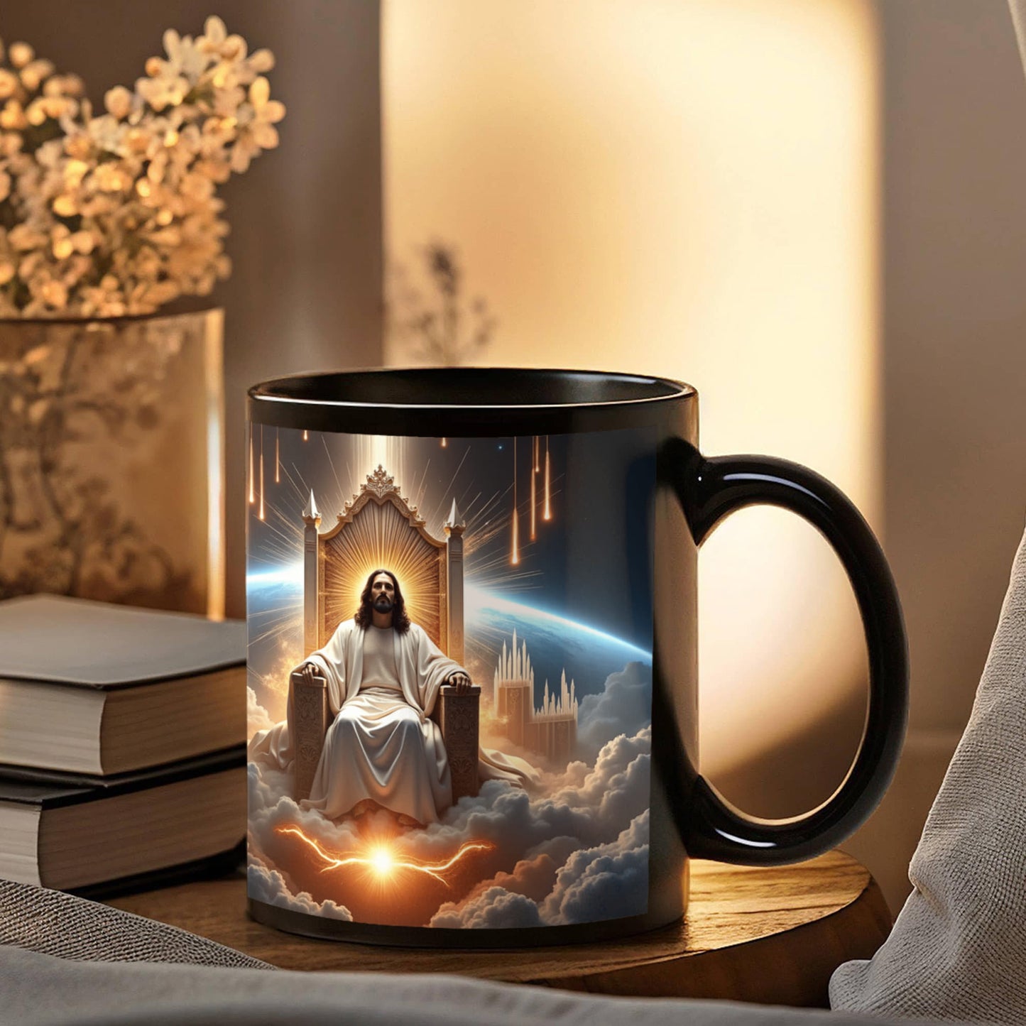 King of Kings Mug – Black Ceramic, Featuring Jesus on His Throne Surrounded by Glory