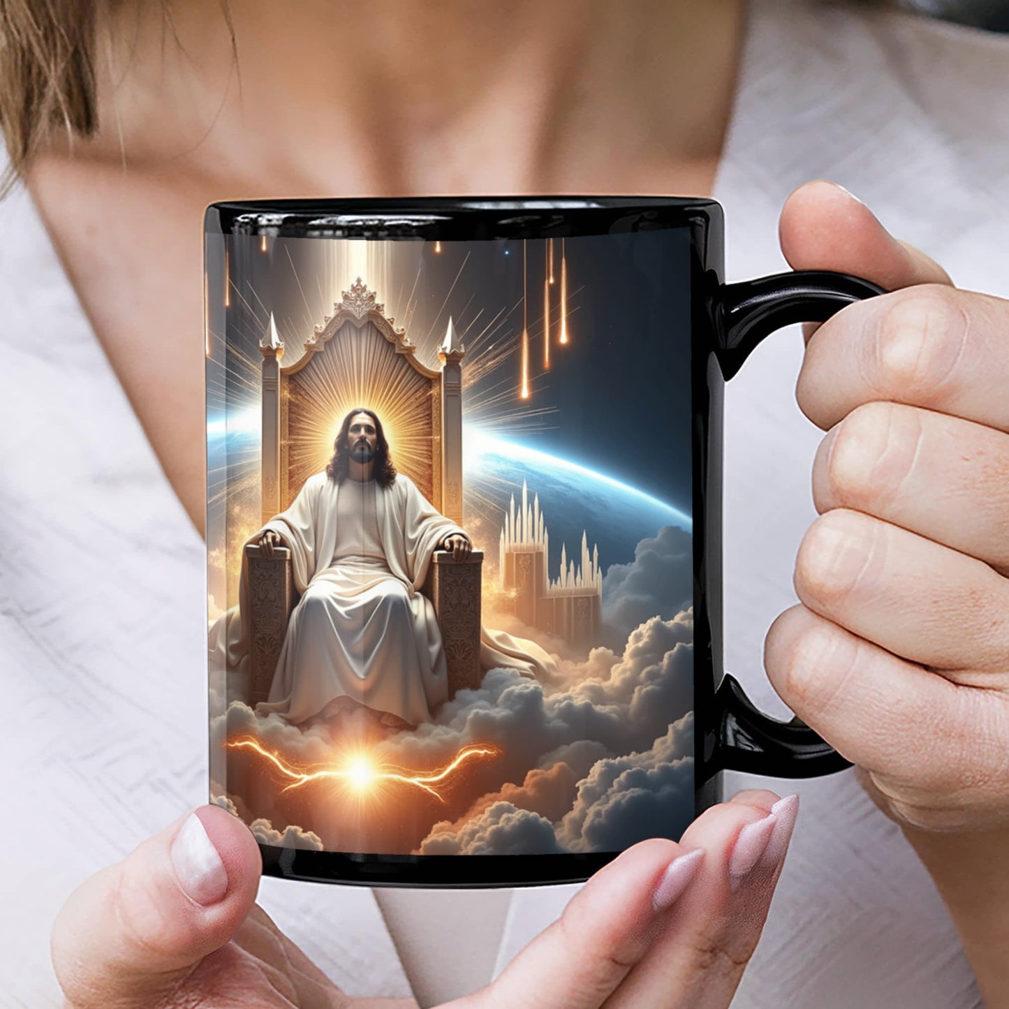 King of Kings Mug – Black Ceramic, Featuring Jesus on His Throne Surrounded by Glory