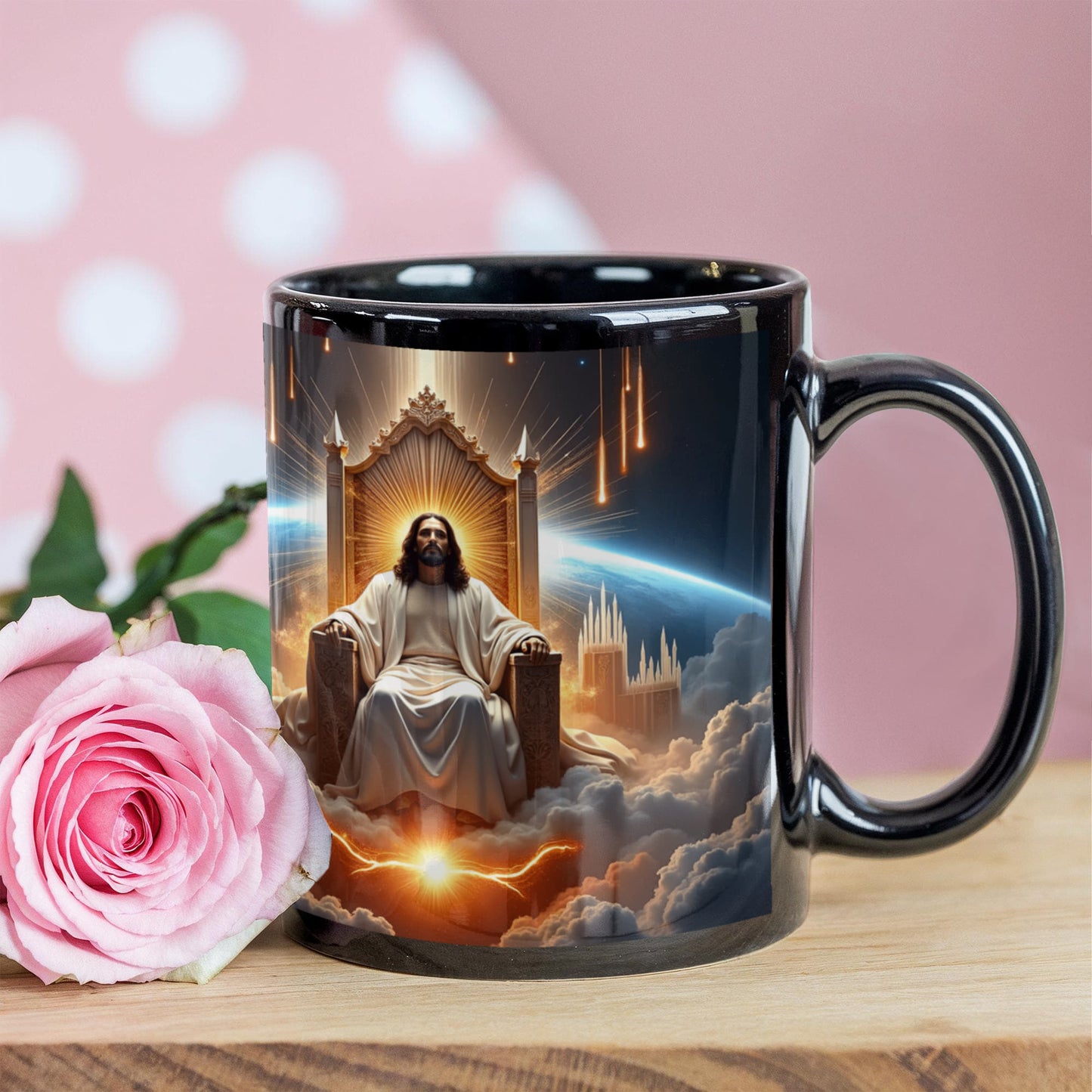 King of Kings Mug – Black Ceramic, Featuring Jesus on His Throne Surrounded by Glory