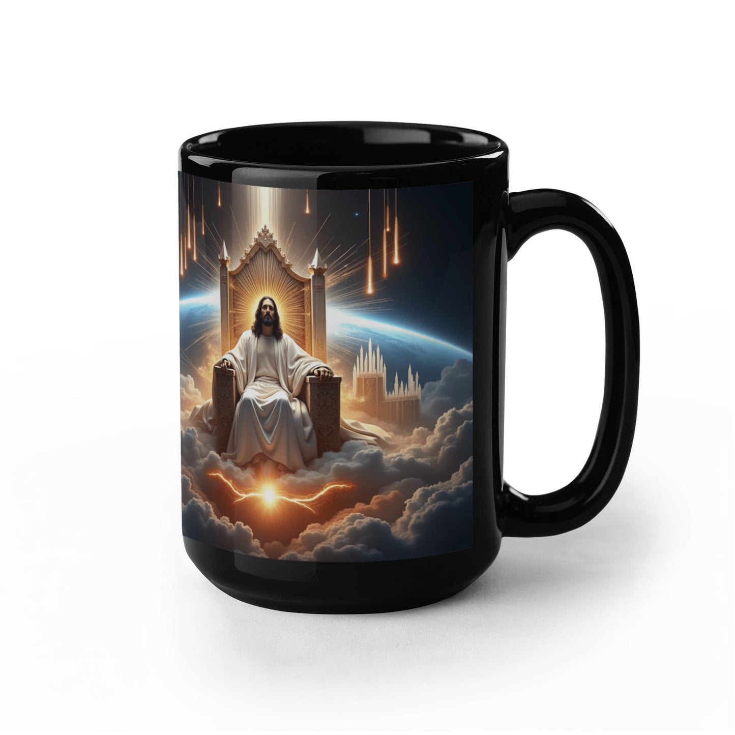 King of Kings Mug – Black Ceramic, Featuring Jesus on His Throne Surrounded by Glory