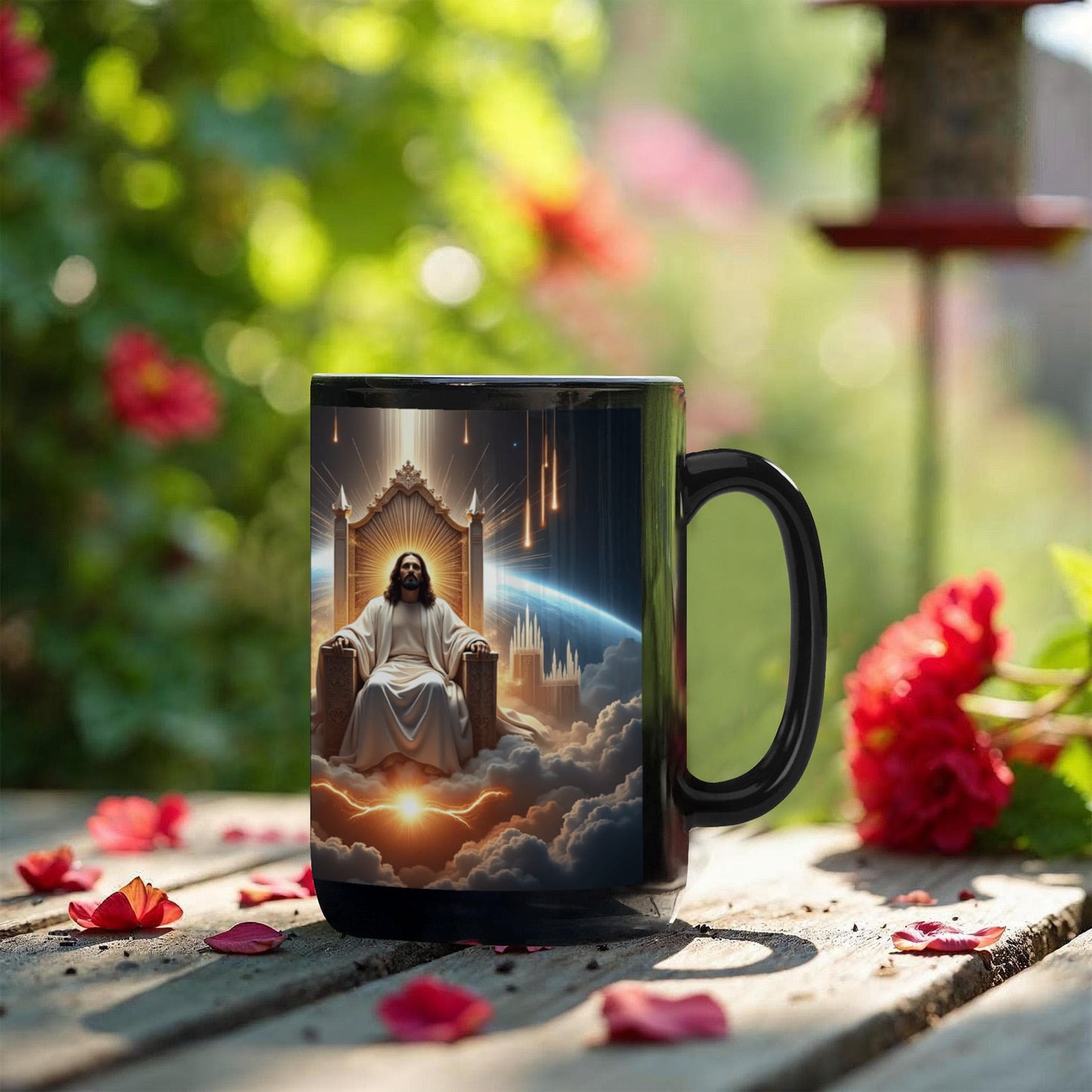 King of Kings Mug – Black Ceramic, Featuring Jesus on His Throne Surrounded by Glory