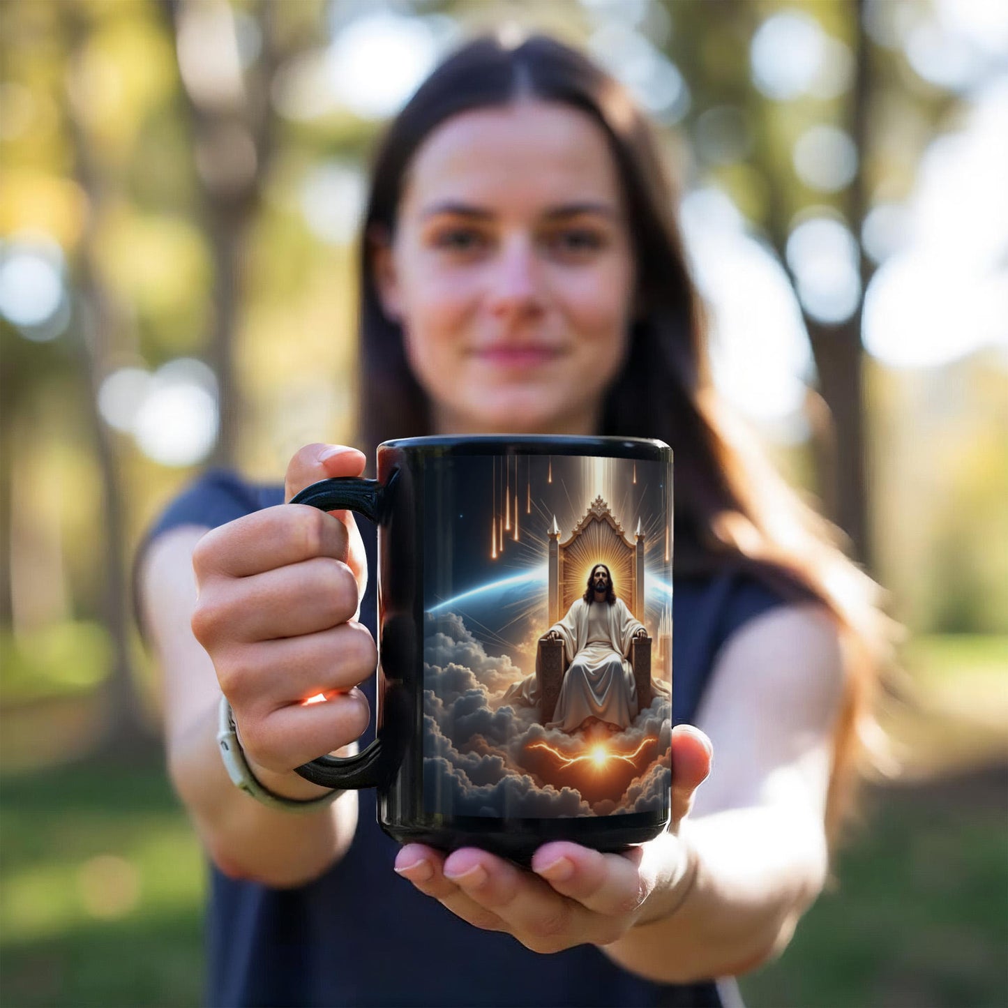 King of Kings Mug – Black Ceramic, Featuring Jesus on His Throne Surrounded by Glory