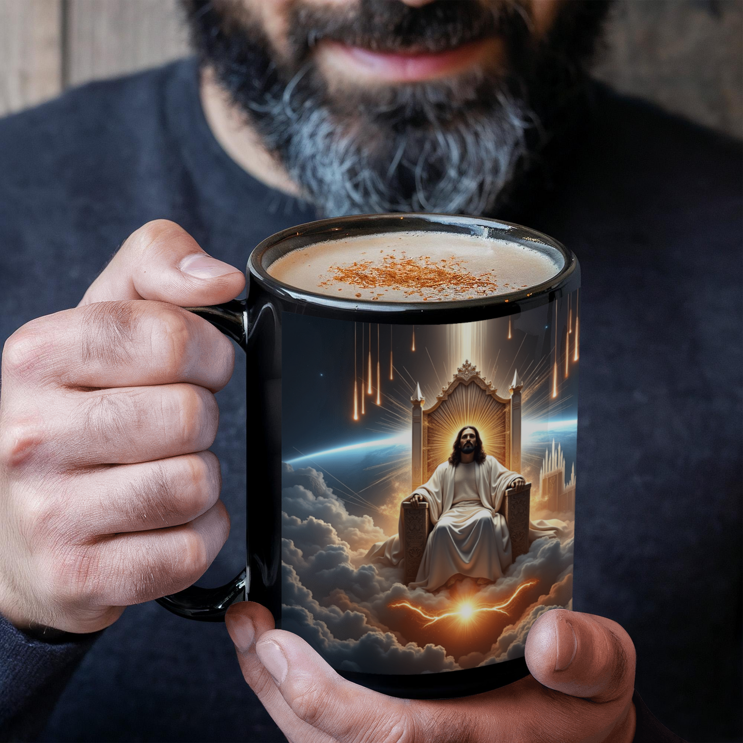 King of Kings Mug – Black Ceramic, Featuring Jesus on His Throne Surrounded by Glory