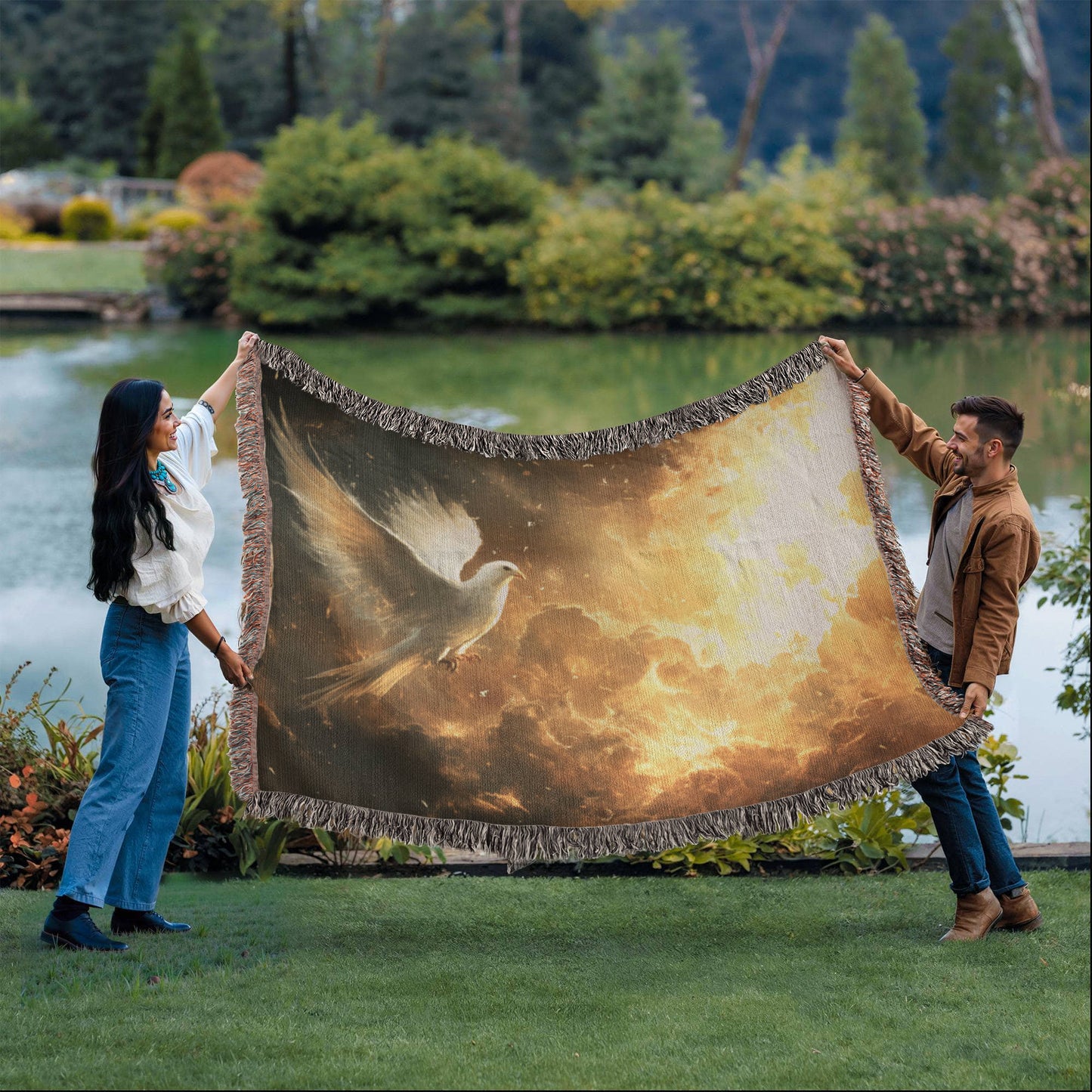 Flying Pigeon Blanket – Soft, Cozy Fabric with Tassels, Evoking Mystery and Tranquility