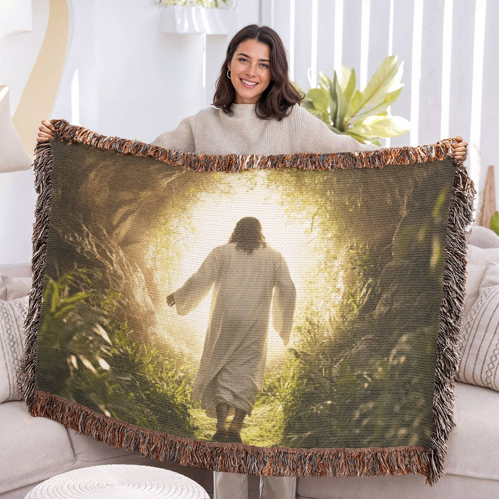 Divine Journey Blanket – Ultra-Soft Material with Tassels, Featuring Jesus Walking Towards the Light