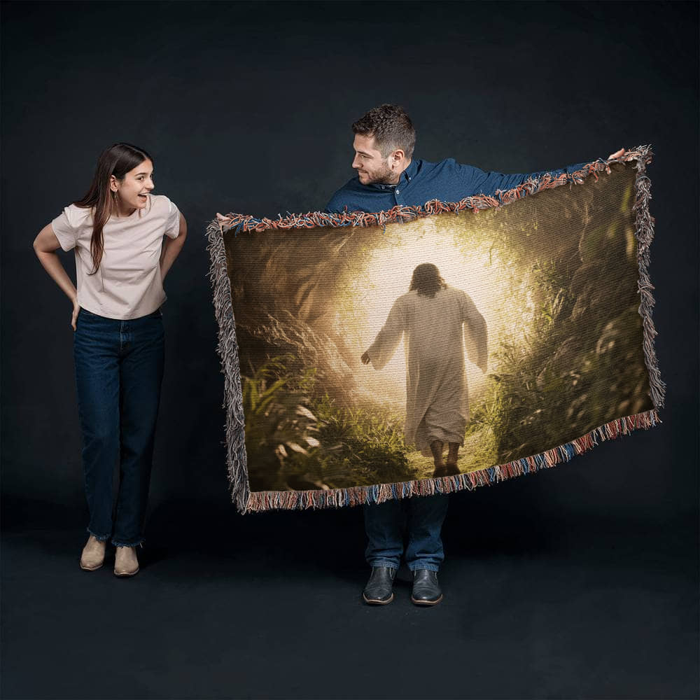 Divine Journey Blanket – Ultra-Soft Material with Tassels, Featuring Jesus Walking Towards the Light