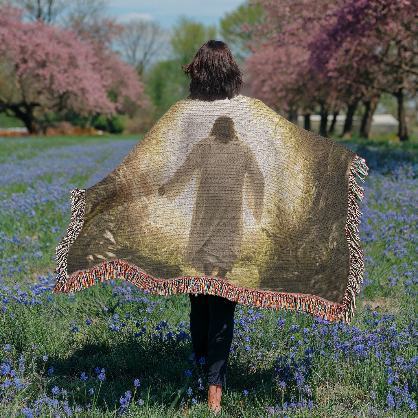 Divine Journey Blanket – Ultra-Soft Material with Tassels, Featuring Jesus Walking Towards the Light