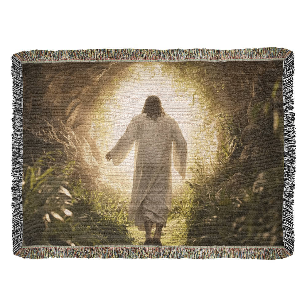 Divine Journey Blanket – Ultra-Soft Material with Tassels, Featuring Jesus Walking Towards the Light