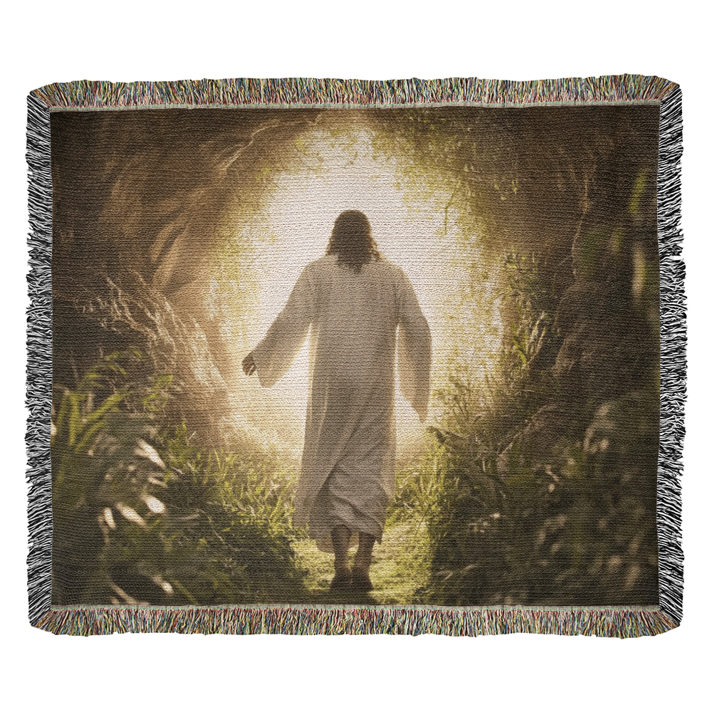 Divine Journey Blanket – Ultra-Soft Material with Tassels, Featuring Jesus Walking Towards the Light