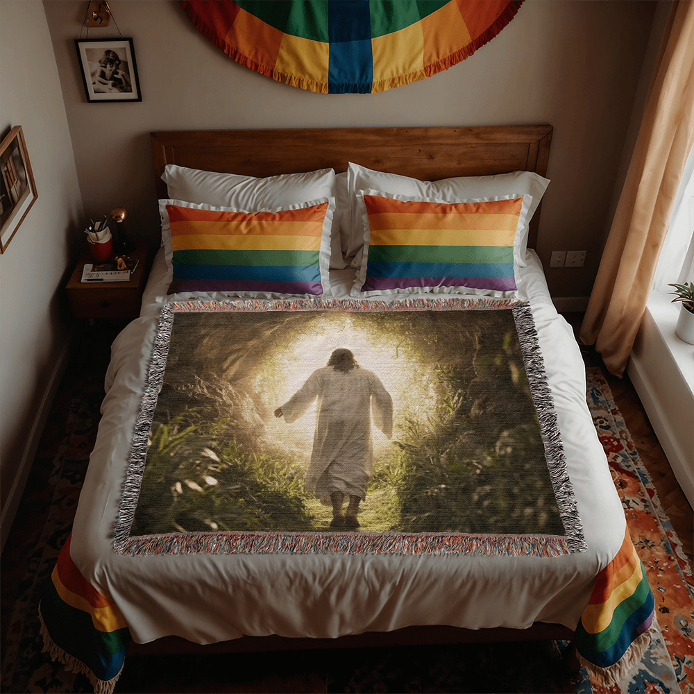 Divine Journey Blanket – Ultra-Soft Material with Tassels, Featuring Jesus Walking Towards the Light