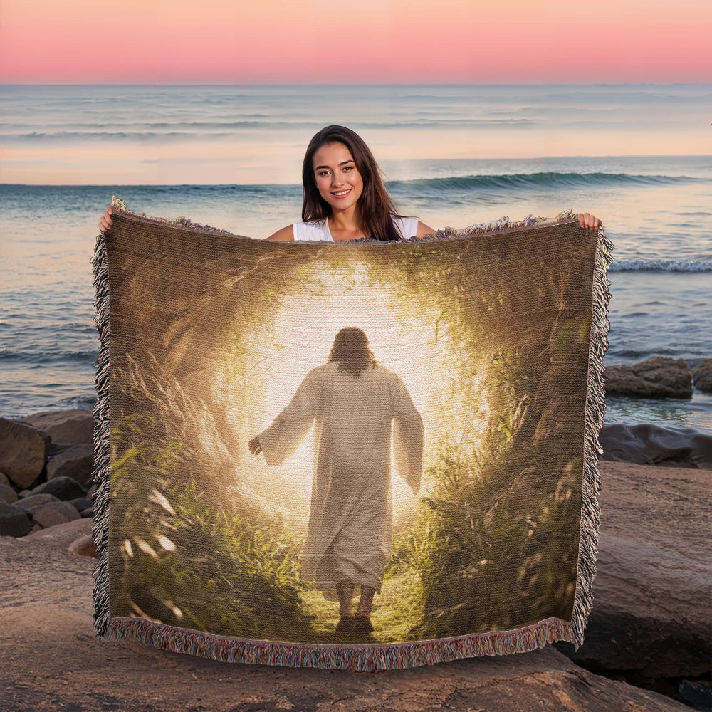 Divine Journey Blanket – Ultra-Soft Material with Tassels, Featuring Jesus Walking Towards the Light