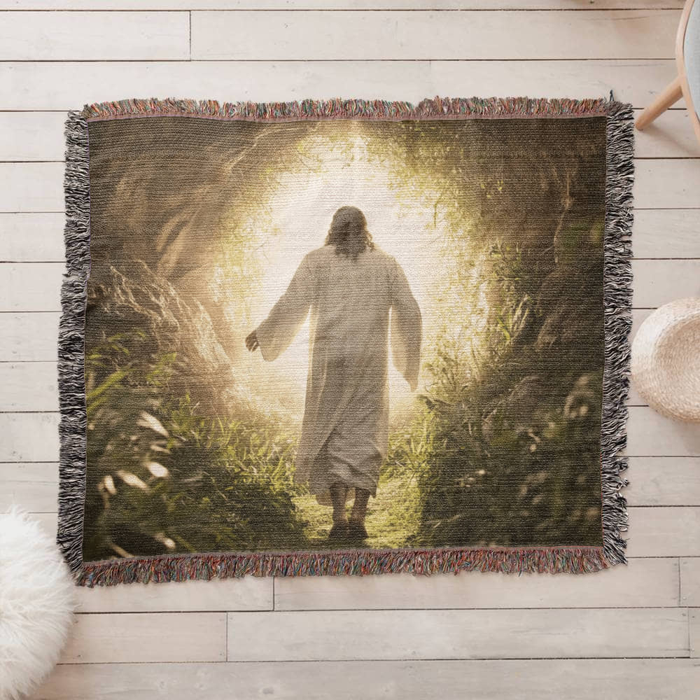 Divine Journey Blanket – Ultra-Soft Material with Tassels, Featuring Jesus Walking Towards the Light