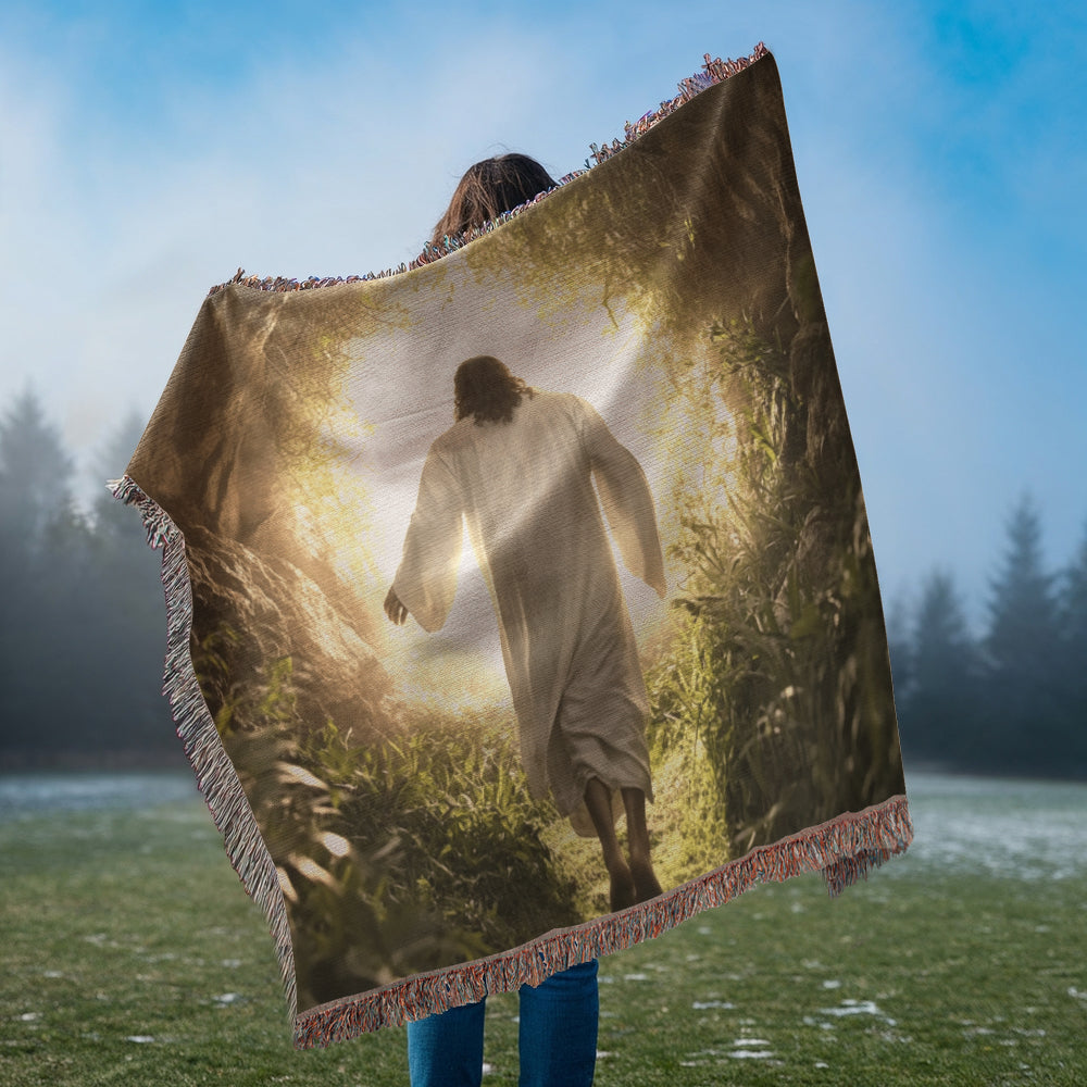 Divine Journey Blanket – Ultra-Soft Material with Tassels, Featuring Jesus Walking Towards the Light