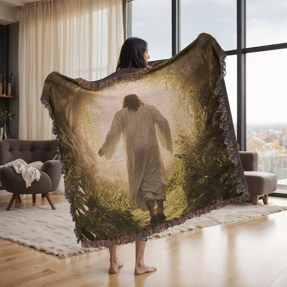 Divine Journey Blanket – Ultra-Soft Material with Tassels, Featuring Jesus Walking Towards the Light