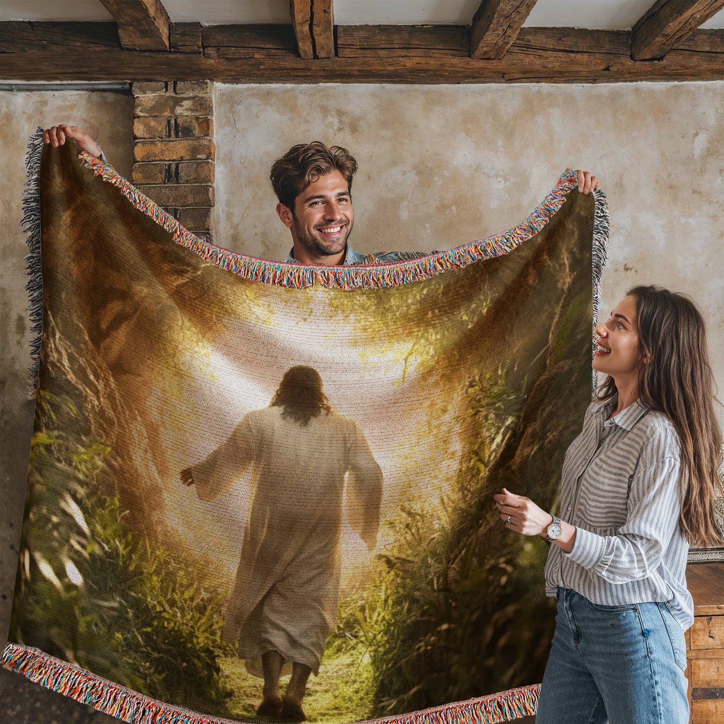 Divine Journey Blanket – Ultra-Soft Material with Tassels, Featuring Jesus Walking Towards the Light