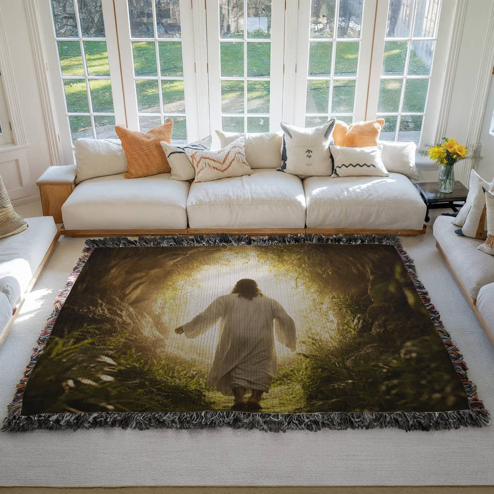 Divine Journey Blanket – Ultra-Soft Material with Tassels, Featuring Jesus Walking Towards the Light