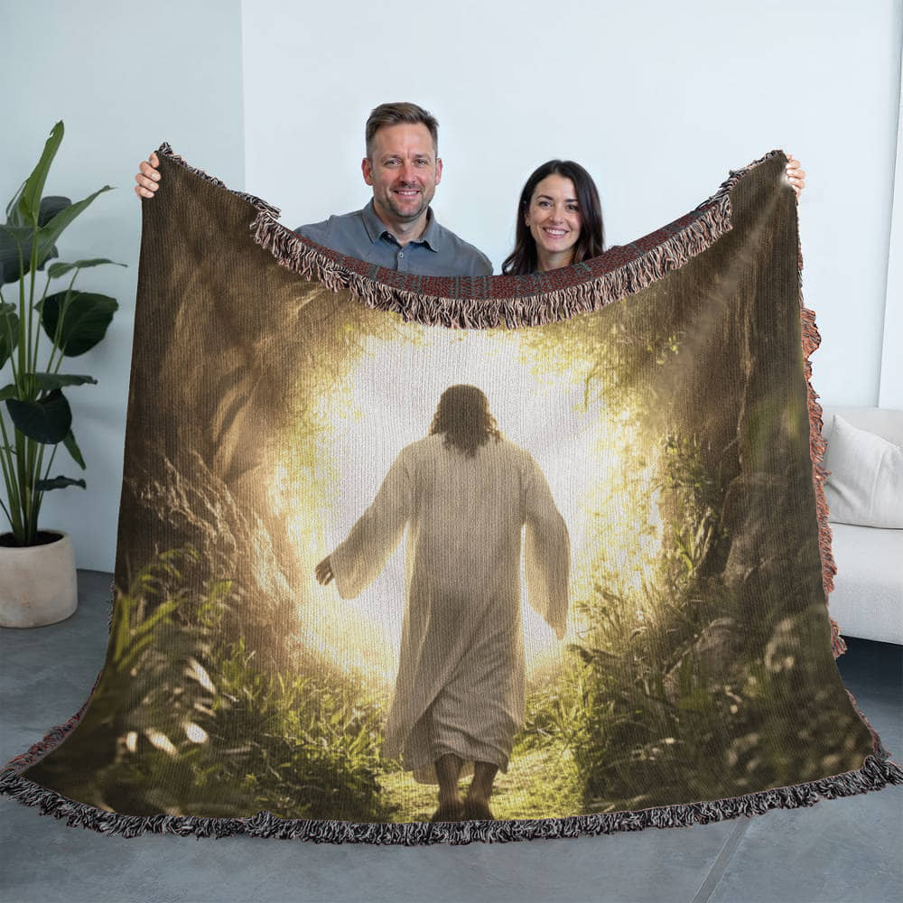 Divine Journey Blanket – Ultra-Soft Material with Tassels, Featuring Jesus Walking Towards the Light