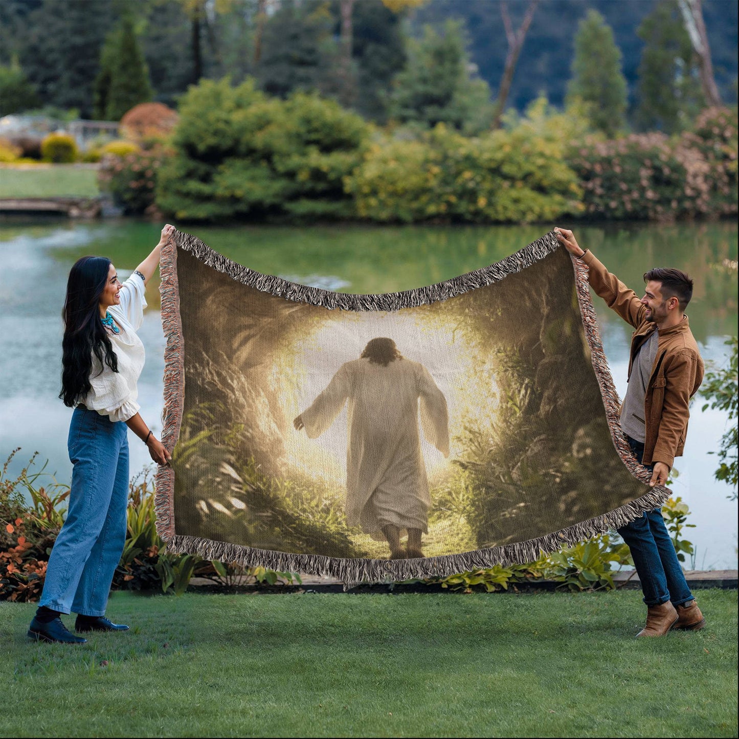 Divine Journey Blanket – Ultra-Soft Material with Tassels, Featuring Jesus Walking Towards the Light