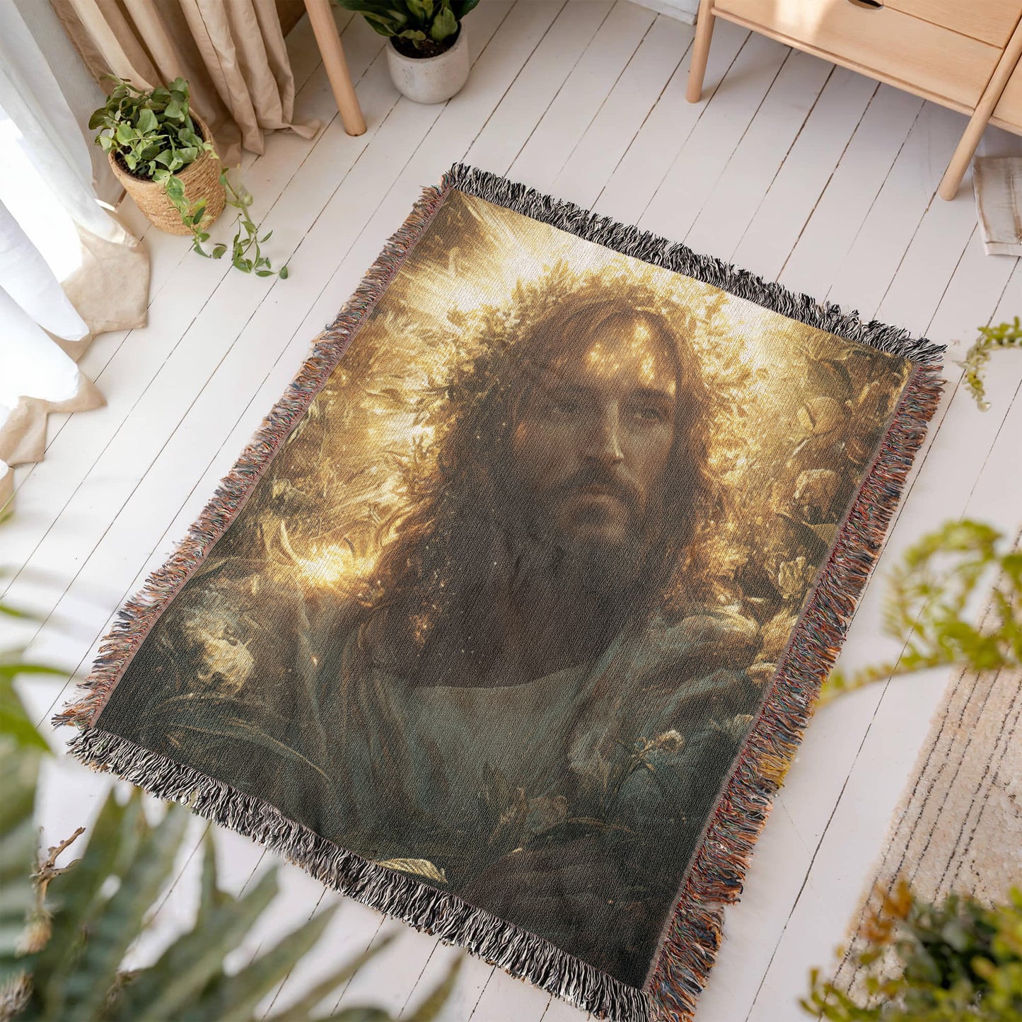 Divine Light Jesus Blanket – Plush, Warm Fabric with Colorful Tassels for Ultimate Comfort