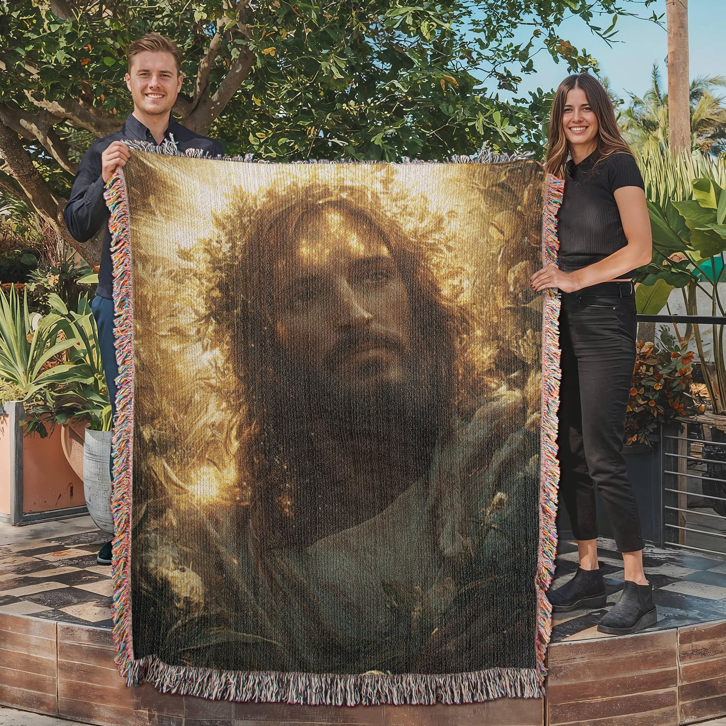 Divine Light Jesus Blanket – Plush, Warm Fabric with Colorful Tassels for Ultimate Comfort