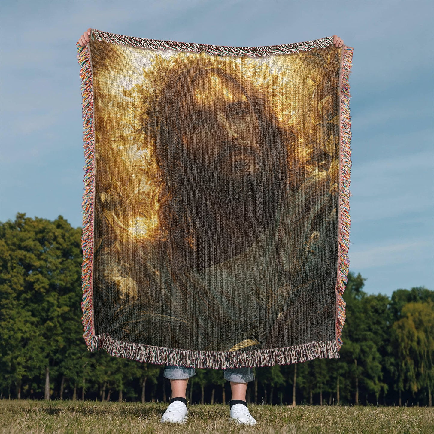 Divine Light Jesus Blanket – Plush, Warm Fabric with Colorful Tassels for Ultimate Comfort