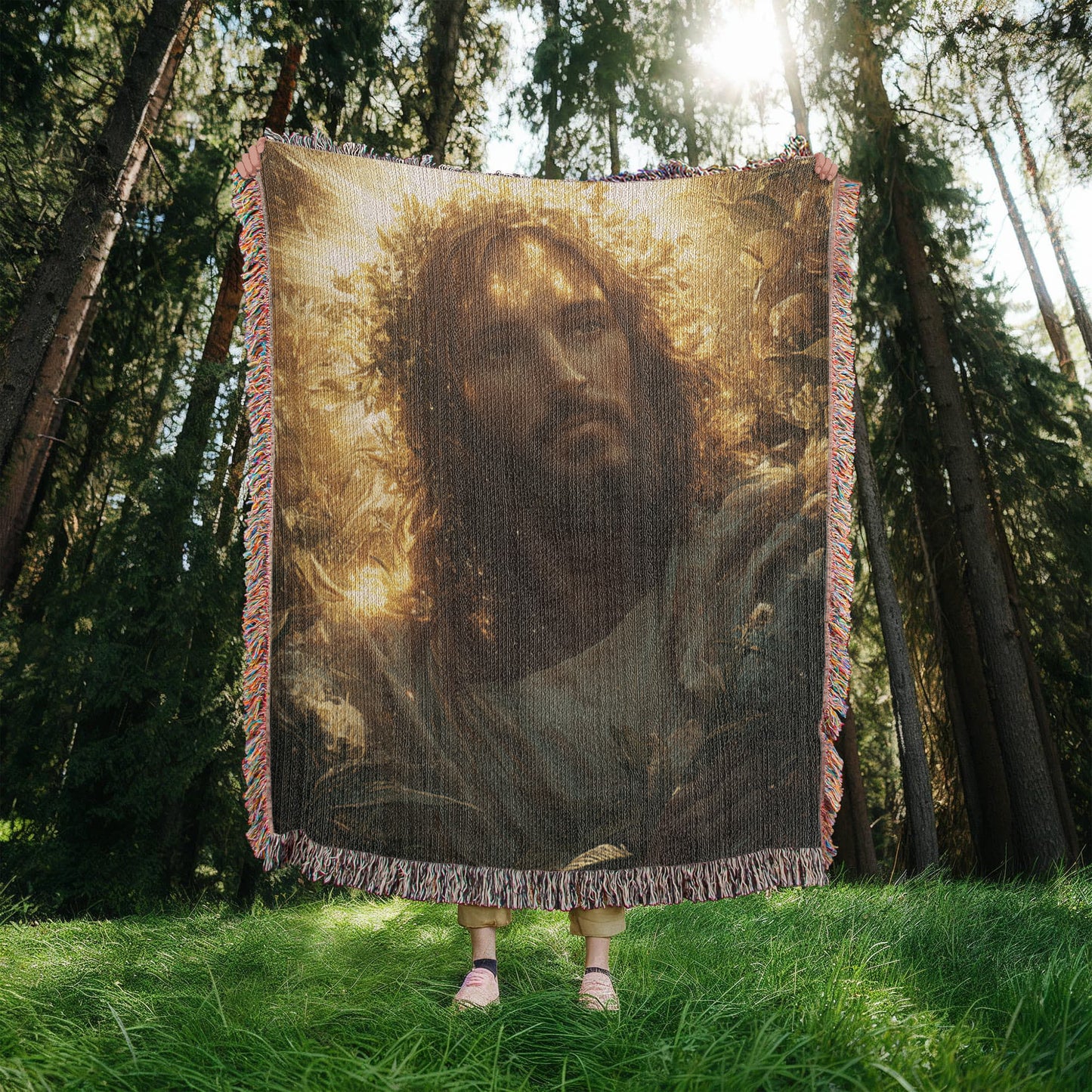 Divine Light Jesus Blanket – Plush, Warm Fabric with Colorful Tassels for Ultimate Comfort